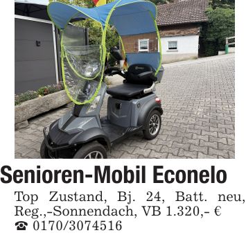 Senioren-Mobil Econelo Top Zustand, Bj. 24, Batt. neu, Reg.,-Sonnendach, VB 1.320,- €_ ***