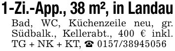 1-Zi.-App., 38 m², in LandauBad, WC, Küchenzeile neu, gr. Südbalk., Kellerabt., 400 € inkl. TG + NK + KT, _ ***
