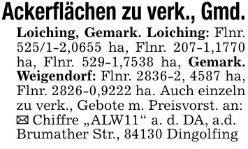 Ackerflächen zu verk., Gmd. Loiching, Gemark. Loiching: Flnr. 525/1-2,0655 ha, Flnr. 207-1,1770 ha, Flnr. 529-1,7538 ha, Gemark. Weigendorf: Flnr. 2836-2, 4587 ha, Flnr. 2826-0,9222 ha. Auch einzeln zu verk., Gebote m. Preisvorst. an: _ Chiffre 