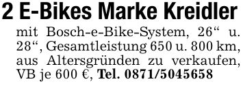 2 E-Bikes Marke Kreidlermit Bosch-e-Bike-System, 26