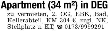 Apartment (34 m²) in DEGzu vermieten, 2. OG, EBK, Bad, Kellerabteil, KM 304 €, zzgl. NK, Stellplatz u. KT, _ ***