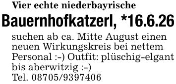 Vier echte niederbayrischeBauernhofkatzerl, *16.6.26suchen ab ca. Mitte August einen neuen Wirkungskreis bei nettem Personal :-) Outfit: plüschig-elgant bis aberwitzig :-)Tel. ***