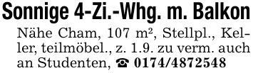 Sonnige 4-Zi.-Whg. m. BalkonNähe Cham, 107 m², Stellpl., Keller, teilmöbel., z. 1.9. zu verm. auch an Studenten, _ ***