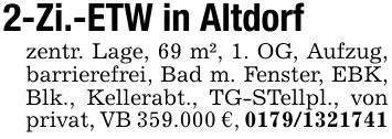 2-Zi.-ETW in Altdorfzentr. Lage, 69 m², 1. OG, Aufzug, barrierefrei, Bad m. Fenster, EBK, Blk., Kellerabt., TG-STellpl., von privat, VB 359.000 €, ***