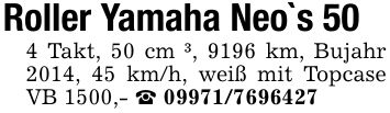 Roller Yamaha Neo`s 504 Takt, 50 cm ³, 9196 km, Bujahr 2014, 45 km/h, weiß mit Topcase VB 1500,- _ ***