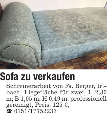Sofa zu verkaufen Schreinerarbeit von Fa. Berger, Irlbach, Liegefläche für zwei, L 2,30 m; B 1,05 m; H 0,49 m, professionell gereinigt, Preis: 125 €, _ ***