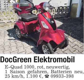 DocGreen Elektromobil E-Quad 1000, rot, neuwertig, 1 Saison gefahren, Batterien neu, 25 km/h, 1.100 €, _ ***