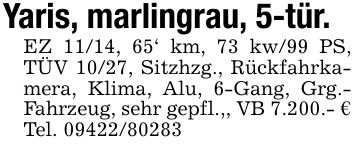Yaris, marlingrau, 5-tür.EZ 11/14, 65' km, 73 kw/99 PS, TÜV 10/27, Sitzhzg., Rückfahrkamera, Klima, Alu, 6-Gang, Grg.- Fahrzeug, sehr gepfl.,, VB 7.200.- €Tel. ***