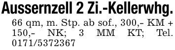 Aussernzell 2 Zi.-Kellerwhg.66 qm, m. Stp. ab sof., 300,- KM + 150,- NK; 3 MM KT; Tel. ***