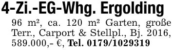 4-Zi.-EG-Whg. Ergolding96 m², ca. 120 m² Garten, große Terr., Carport & Stellpl., Bj. 2016, 589.000,- €, Tel. ***