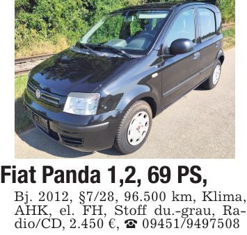 Fiat Panda 1,2, 69 PS, Bj. 2012, §7/28, 96.500 km, Klima, AHK, el. FH, Stoff du.-grau, Radio/CD, 2.450 €, _ ***