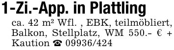 1-Zi.-App. in Plattlingca. 42 m² Wfl. , EBK, teilmöbliert, Balkon, Stellplatz, WM 550.- € + Kaution _ ***