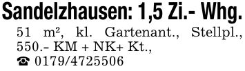 Sandelzhausen: 1,5 Zi.- Whg.51 m², kl. Gartenant., Stellpl., 550.- KM + NK+ Kt.,_ ***