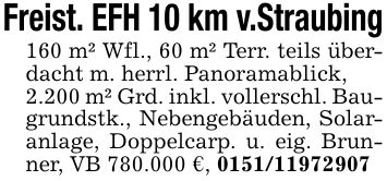 Freist. EFH 10 km v.Straubing160 m² Wfl., 60 m² Terr. teils überdacht m. herrl. Panoramablick,2.200 m² Grd. inkl. vollerschl. Baugrundstk., Nebengebäuden, Solaranlage, Doppelcarp. u. eig. Brunner, VB 780.000 €, ***