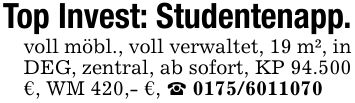 Top Invest: Studentenapp.voll möbl., voll verwaltet, 19 m², in DEG, zentral, ab sofort, KP 94.500 €, WM 420,- €, _ ***