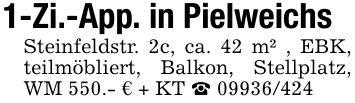 1-Zi.-App. in PielweichsSteinfeldstr. 2c, ca. 42 m² , EBK, teilmöbliert, Balkon, Stellplatz, WM 550.- € + KT _ ***