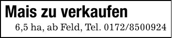 Mais zu verkaufen6,5 ha, ab Feld, Tel. ***