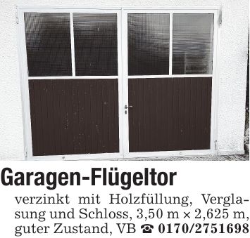 Garagen-Flügeltor verzinkt mit Holzfüllung, Verglasung und Schloss, 3,50 m × 2,625 m, guter Zustand, VB _ ***
