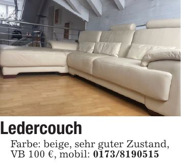 LedercouchFarbe: beige, sehr guter Zustand,VB 100 €, mobil: ***