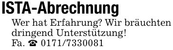 ISTA-Abrechnung Wer hat Erfahrung? Wir bräuchten dringend Unterstützung! Fa. _ ***