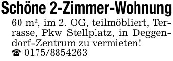 Schöne 2-Zimmer-Wohnung60 m², im 2. OG, teilmöbliert, Terrasse, Pkw Stellplatz, in Deggendorf-Zentrum zu vermieten!_ ***