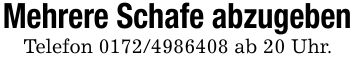 Mehrere Schafe abzugebenTelefon *** ab 20 Uhr.