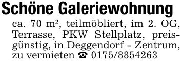 Schöne Galeriewohnungca. 70 m², teilmöbliert, im 2. OG, Terrasse, PKW Stellplatz, preisgünstig, in Deggendorf - Zentrum, zu vermieten _ ***